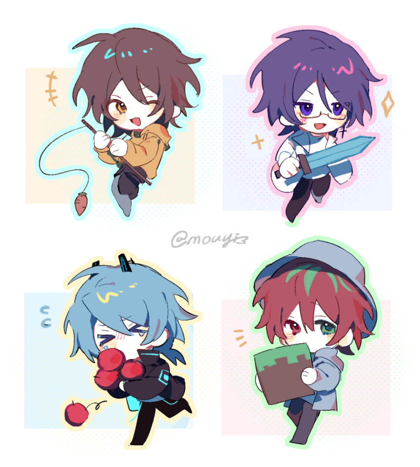 >_<, antennae, apple, black_jacket, black_pants, block_(minecraft), blue_eyes, blue_hair, brown_hair, bucket_hat, carrot_on_stick, food, fruit, full_body, glasses, grey_hat, grey_jacket, hat, highres, holding, holding_food, holding_fruit, holding_stick, hua_shaobei, jacket, lao_fanqie, low_ponytail, minecraft, minecraft_sword, mou_huanjun, mouyimouyi, one_eye_closed, pants, ponytail, real_life, simple_background, stick, sword, weapon, white_background, yellow_eyes, zhongguo_boy