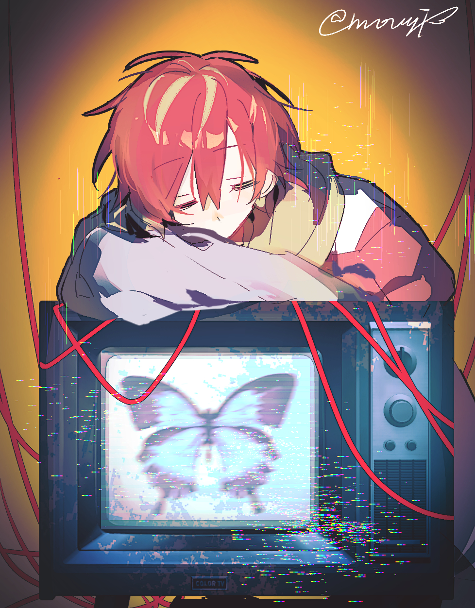 1boy, bug, butterfly, closed_eyes, closed_mouth, crt, digital_dissolve, highres