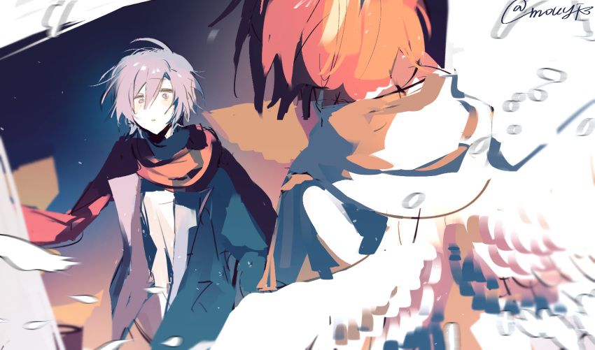 2boys, angel_wings, blue_eyes, blue_hair, blue_jacket, chinese_commentary, commentary_request, feathered_wings