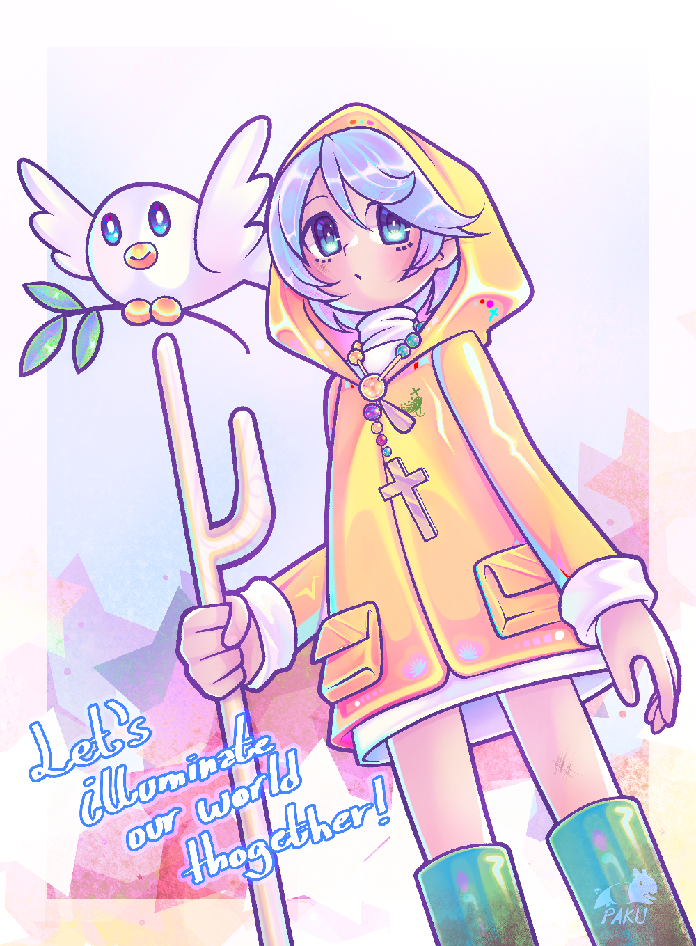 aura_(jubilee_2025), bird, blue_eyes, blue_hair, cane, cross, dove, english_text