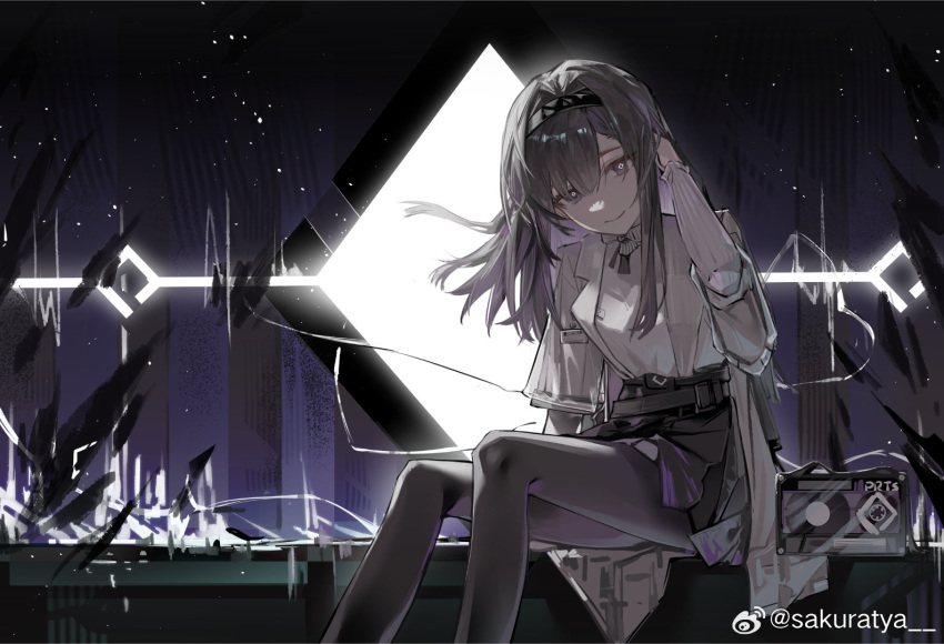 1girl, arknights, arm_up, black_eyes, black_hair, black_hairband, black_pantyhose, character_name