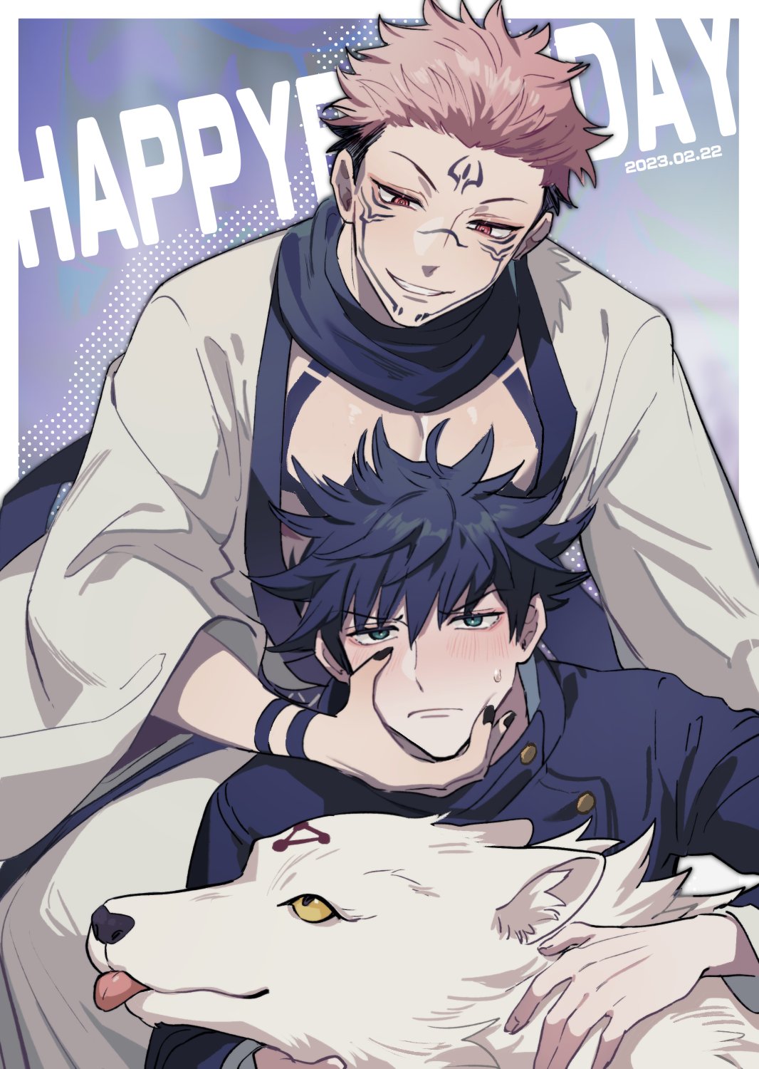 2boys, :p, black_hair, black_jacket, black_nails, blush, buttons, closed_mouth