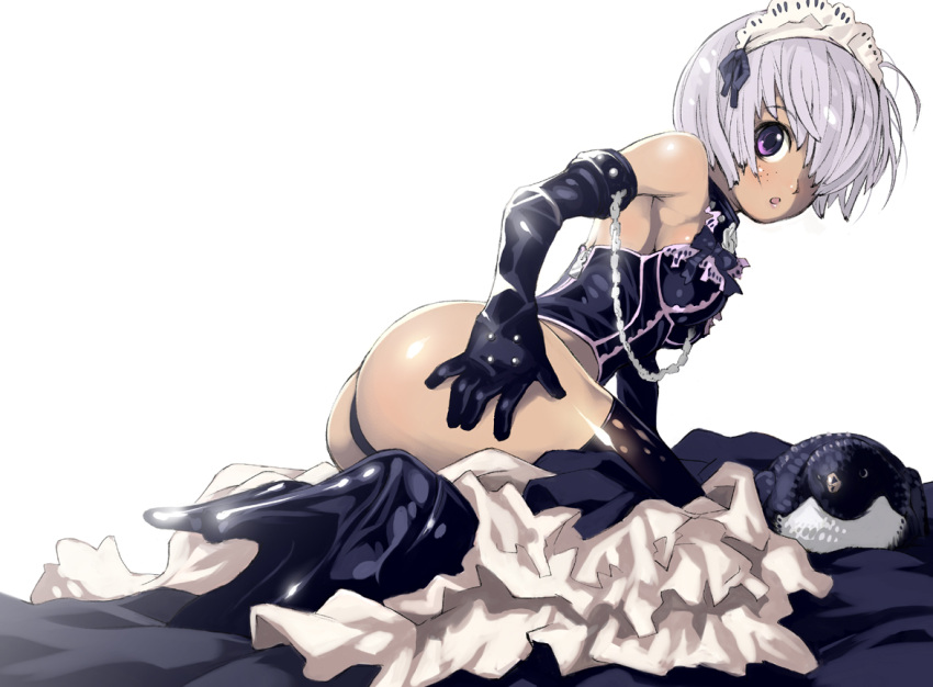 ass, bad_id, bare_shoulders, dark_skin, freckles, hair_over_one_eye, haku_(artist), haku_(sabosoda)