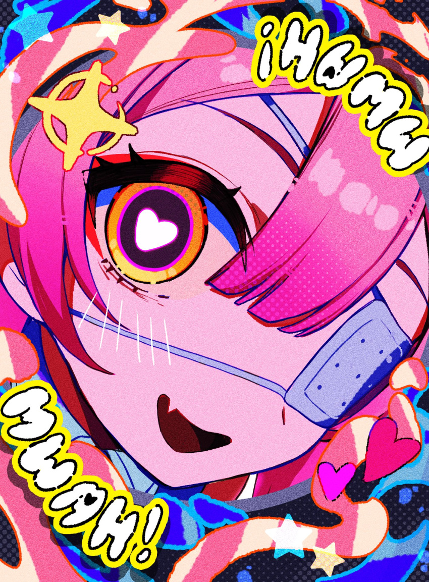 1girl, commentary, english_commentary, eyepatch, eyeshadow, fang, fisheye, heart