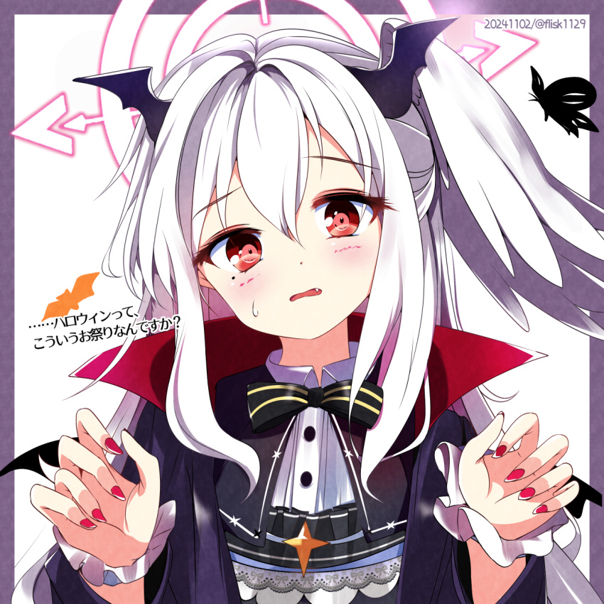 1girl, 2024, alternate_costume, bat_wings, black_bow, black_bowtie, black_cape, blue_archive