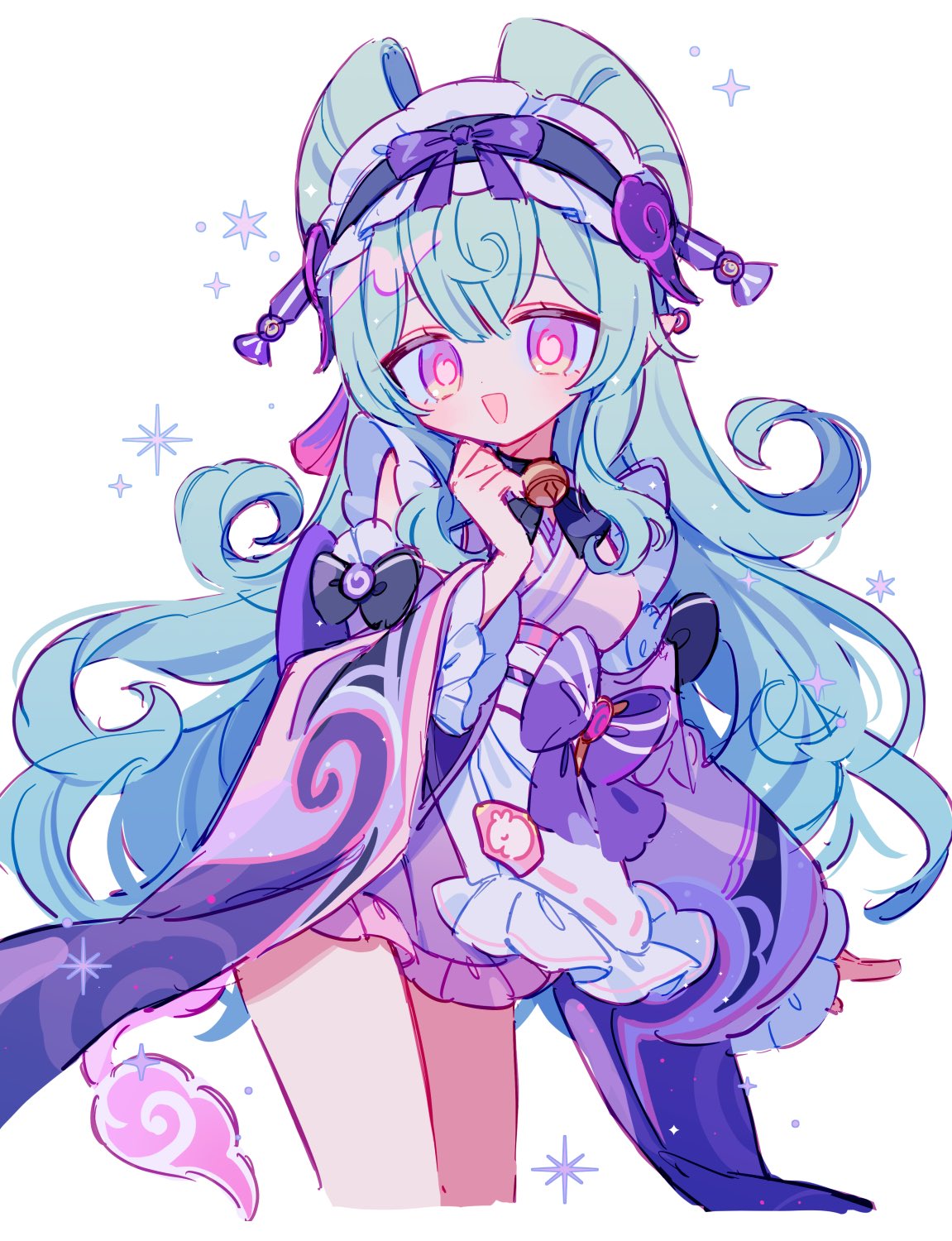 apron, blue_hair, cowboy_shot, detached_sleeves, frilled_hairband, frills, genshin_impact, hairband, highres, japanese_clothes, kimono, long_hair, looking_at_viewer, open_mouth, osakana_forever, purple_kimono, purple_ribbon, ribbon, short_kimono, sleeveless, sleeveless_kimono, violet_eyes, white_apron, white_background, wide_sleeves, yumemizuki_mizuki