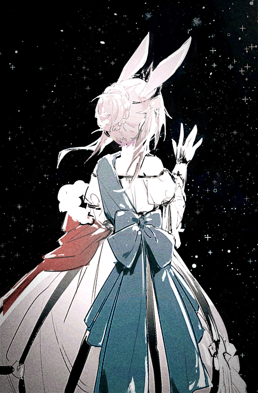 1girl, absurdres, amiya_(arknights), animal_ears, arknights, arm_up, bare_shoulders, black_background