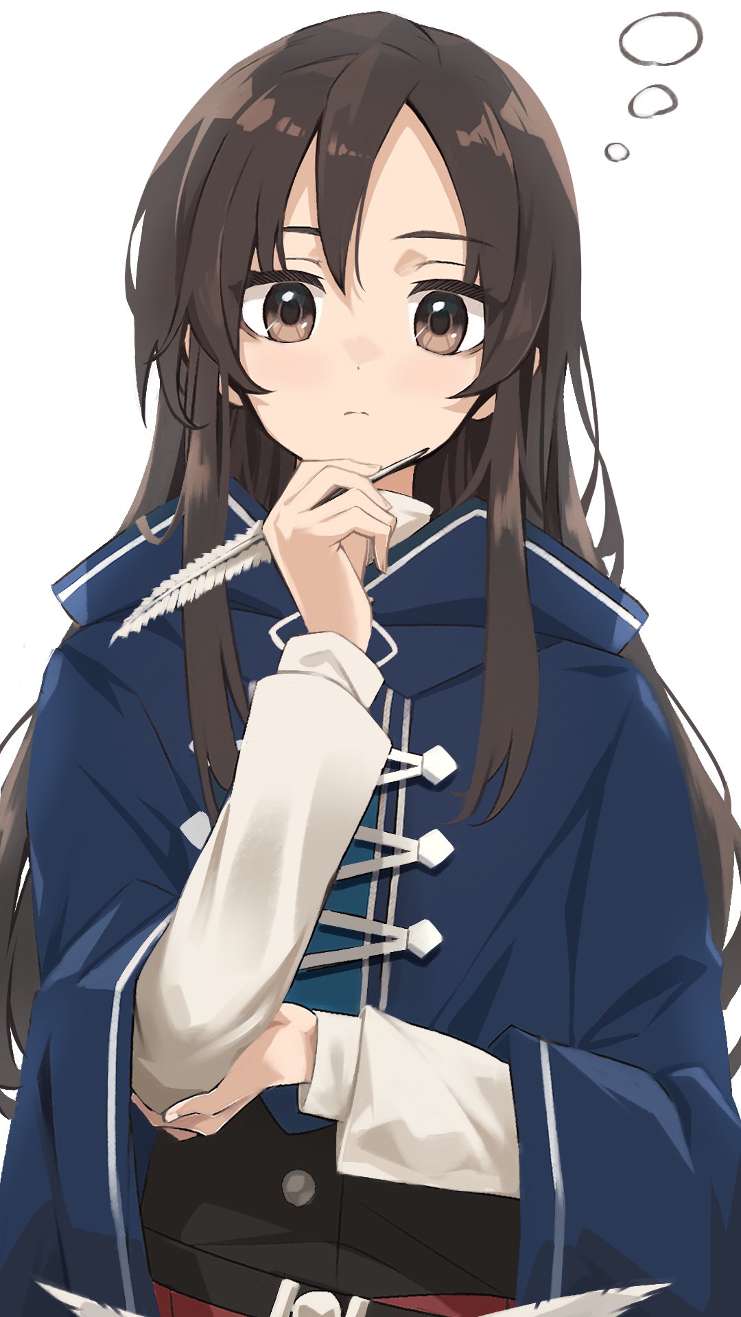 1girl, black_corset, blue_robe, brown_eyes, brown_hair, closed_mouth, corset, flat_chest