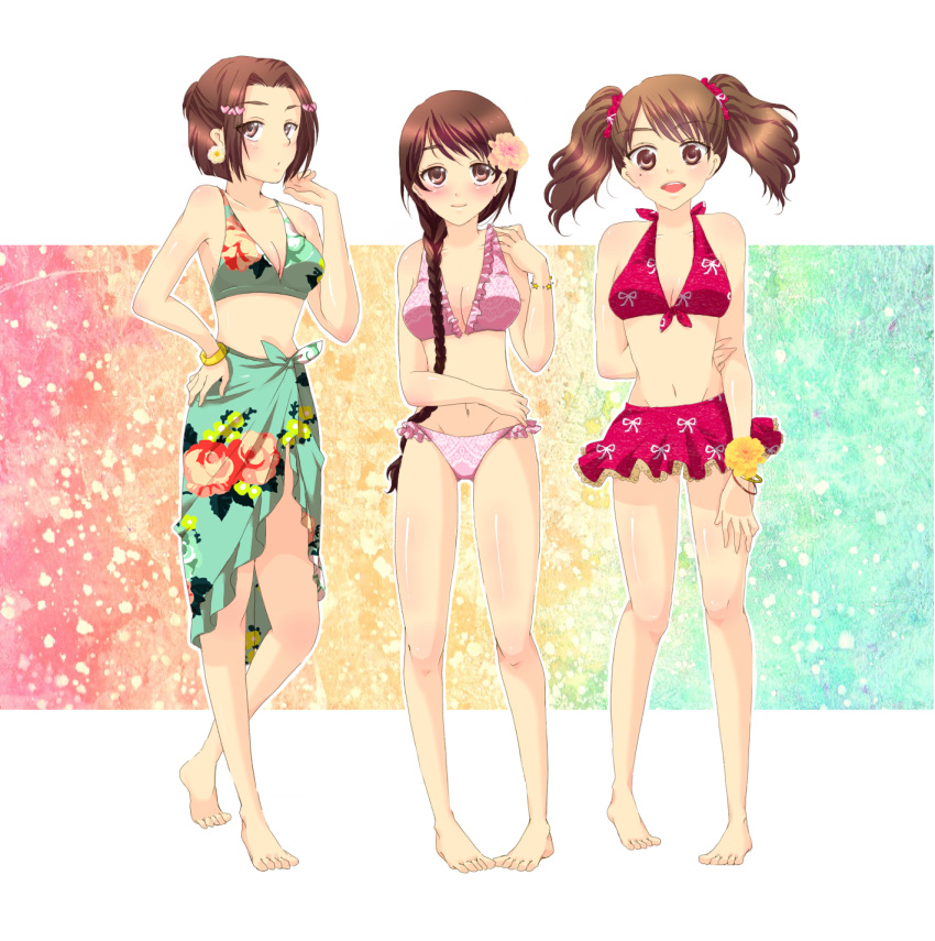 barefoot, bikini, bracelet, brown_eyes, brown_hair, flower, hair_flower, hair_ornament