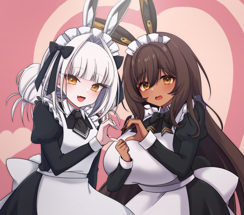 2girls, :d, animal_ears, apron, black_bow, black_dress, blanc_(nikke), blush