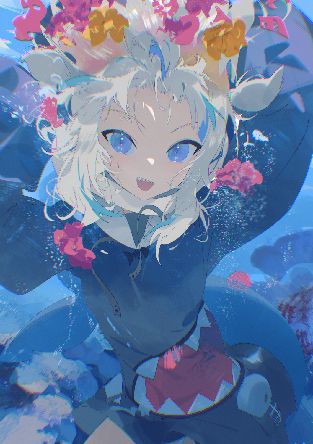 1girl, arms_up, blue_eyes, blue_hair, blue_hoodie, bubble, commentary_request, flower