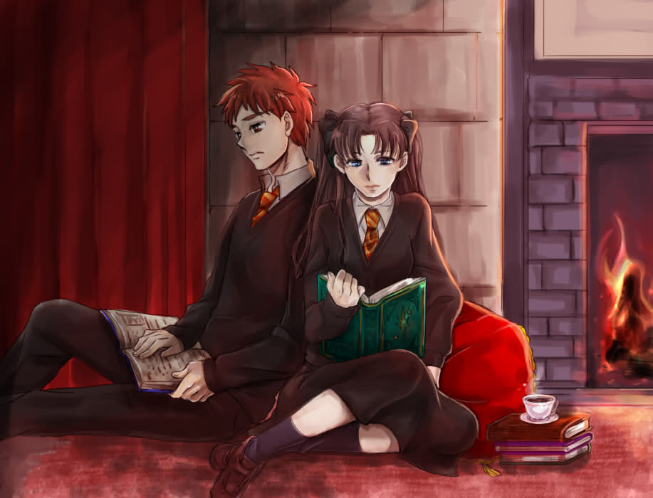 blue_eyes, book, crossover, cup, emiya_shirou, fate/stay_night, fate_(series), hair_ribbon