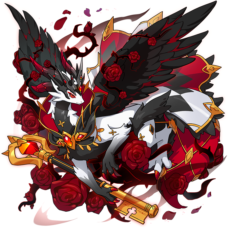 animal_focus, clavis_(crimson_rose)_(dragon_village), clavis_(dragon_village), claws, crown, dragon, dragon_village_(series), dragon_village_collection, feathered_wings, flower, game_cg, gem, horns, key, no_humans, official_art, oversized_object, red_eyes, red_flower, red_rose, rose, solo, tachi-e, tail, third-party_source, thorns, transparent_background, wings