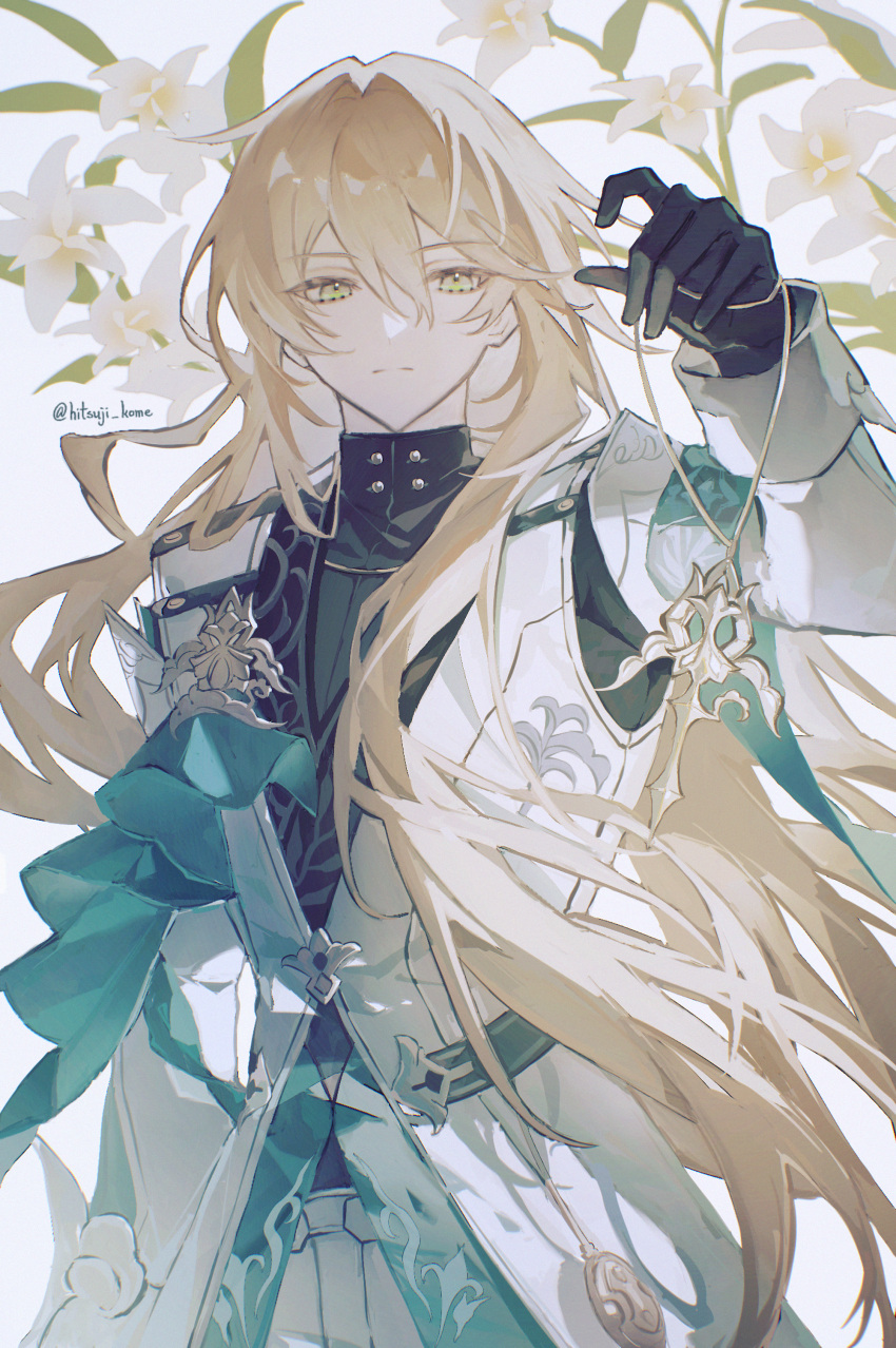 1boy, 329kome, absurdres, black_gloves, black_shirt, blonde_hair, brooch, coat