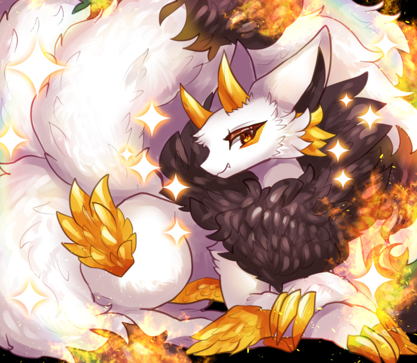 animal_focus, black_background, dragon, dragon_village_(series), dragon_village_collection, fang, firetail_(dragon_village), fluffy, fox, highres, horns, kitsune, kyuubi, looking_at_viewer, multiple_tails, murasakigezi, no_humans, simple_background, sitting, solo, sparkle, tail, white_fur, yellow_eyes