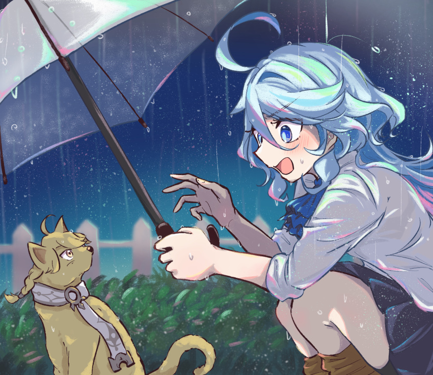 1girl, 1other, ahoge, black_skirt, blue_background, blue_eyes, blue_hair, blue_neckerchief