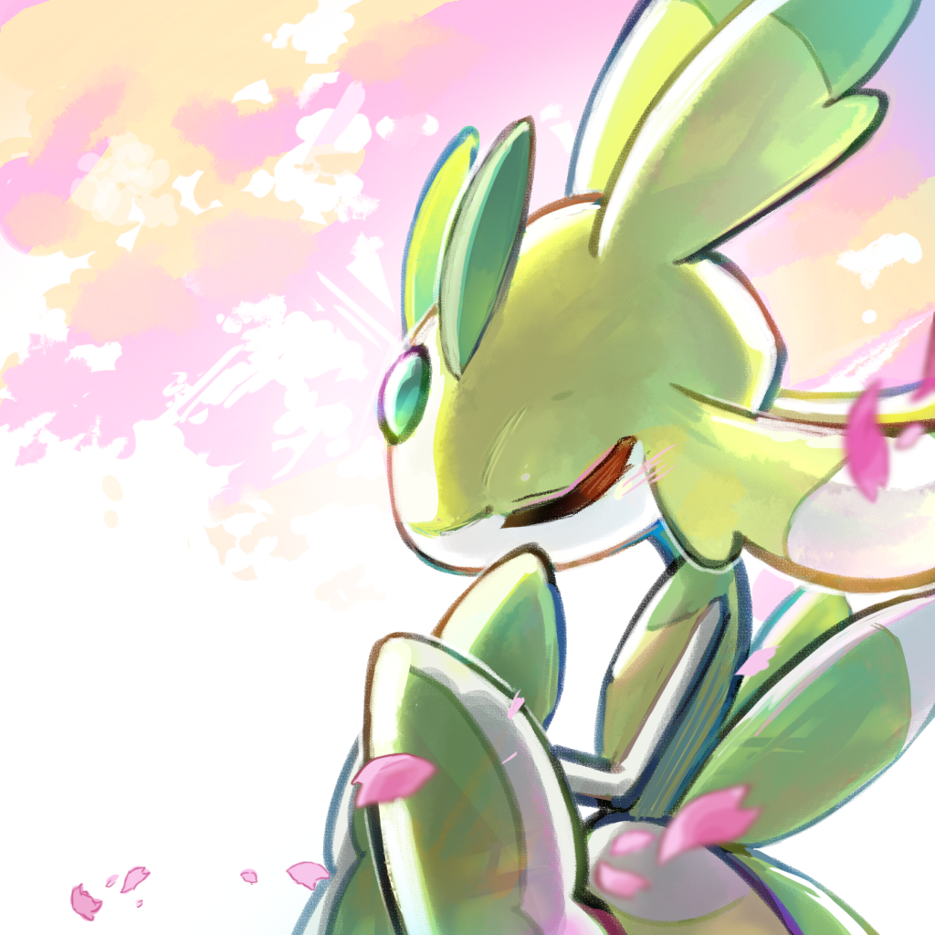 alternate_color, clonoquen, closed_eyes, commentary_request, day, falling_petals, from_side, hands_up