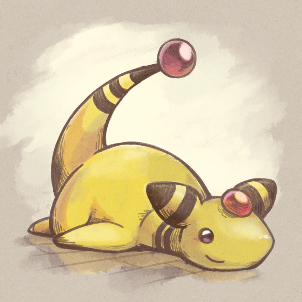 ampharos, clonoquen, closed_mouth, commentary_request, full_body, gem, lying, no_humans