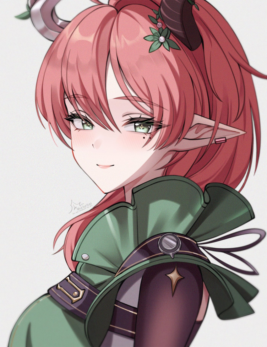 1girl, breasts, character_request, closed_mouth, ear_piercing, film_grain, green_eyes, grey_background