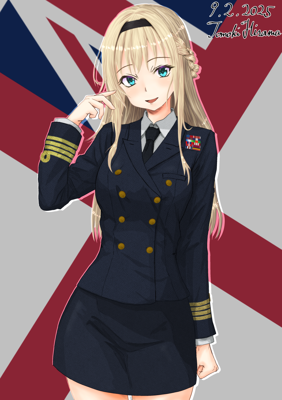 1girl, alternate_costume, black_hairband, black_jacket, black_necktie, black_skirt, blonde_hair, blue_eyes, breasts, buttons, collared_shirt, double-breasted, hairband, half_up_braid, highres, hisamatomoki, jacket, kantai_collection, long_hair, long_sleeves, medium_breasts, military_uniform, miniskrit, naval_uniform, necktie, shirt, skirt, solo, very_long_hair, warspite_(kancolle), white_ensign, white_shirt