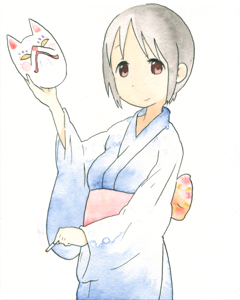 black_hair, brown_eyes, cigarette, fox_mask, geometry_(artist), ichigo_mashimaro, iku_ki, itou_nobue