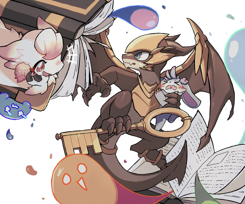 >_<, 1boy, 2girls, armor, blush, book, carrying, carrying_person