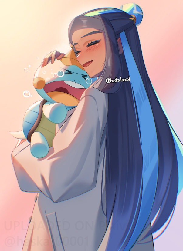 1girl, :d, alternate_costume, black_hair, blue_hair, chewtle, closed_eyes, coat