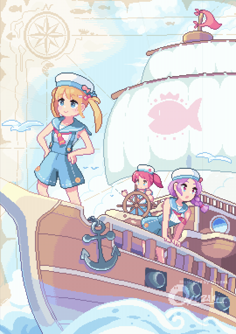 3girls, :o, animated, animated_gif, artist_name, ascot, bird, blinking