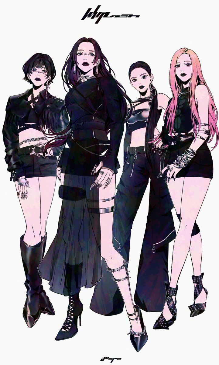 4girls, aespa, black_corset, black_hair, black_jacket, black_lips, black_pants, black_skirt