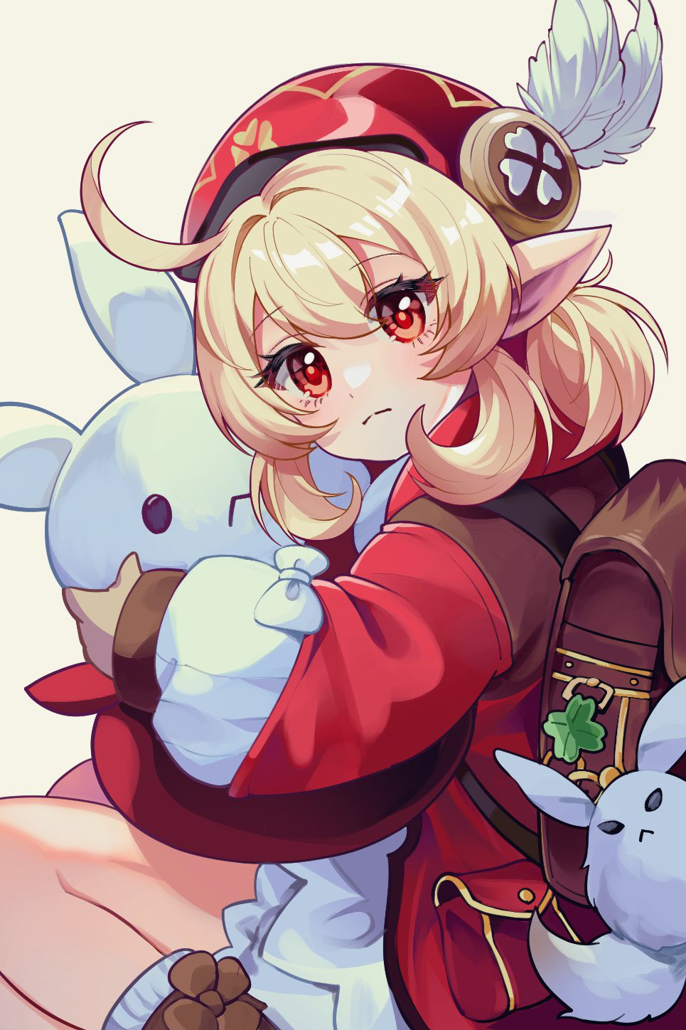1girl, ahoge, backpack, bag, blonde_hair, doll, expressionless, feet_out_of_frame