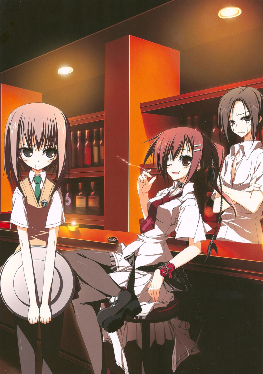 black_legwear, cigarette, highres, jpeg_artifacts, mamiya_hasaki, minakami_yuki, pantyhose, scanning_dust