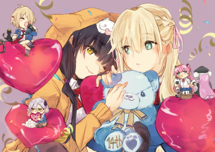 6+girls, aikawa_megumi, animal_on_head, asakura_karen_(heaven_burns_red), balloon, black_hair, blonde_hair, blue_jacket