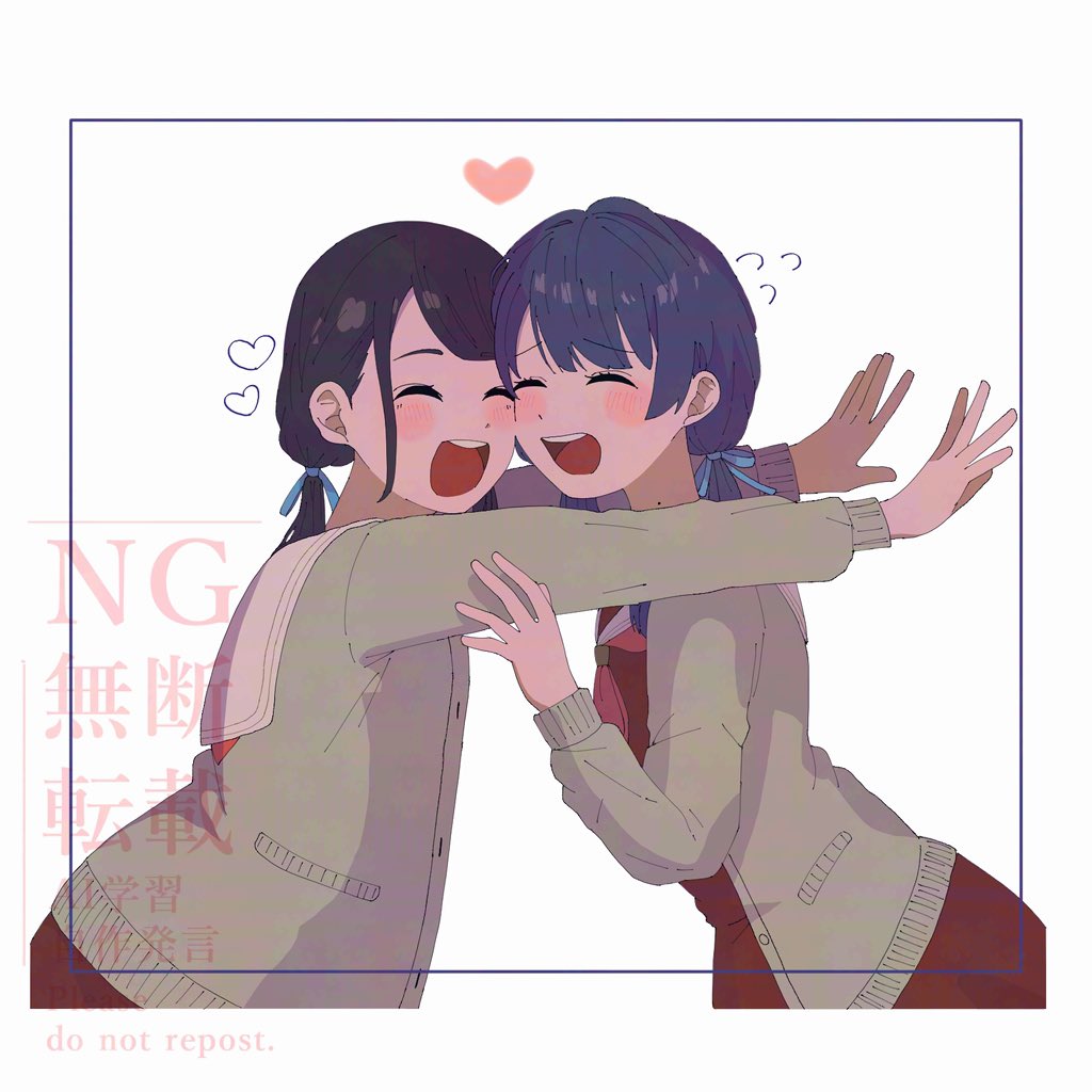 2girls, :d, ^_^, animification, black_hair, blue_hair, blue_ribbon, blush