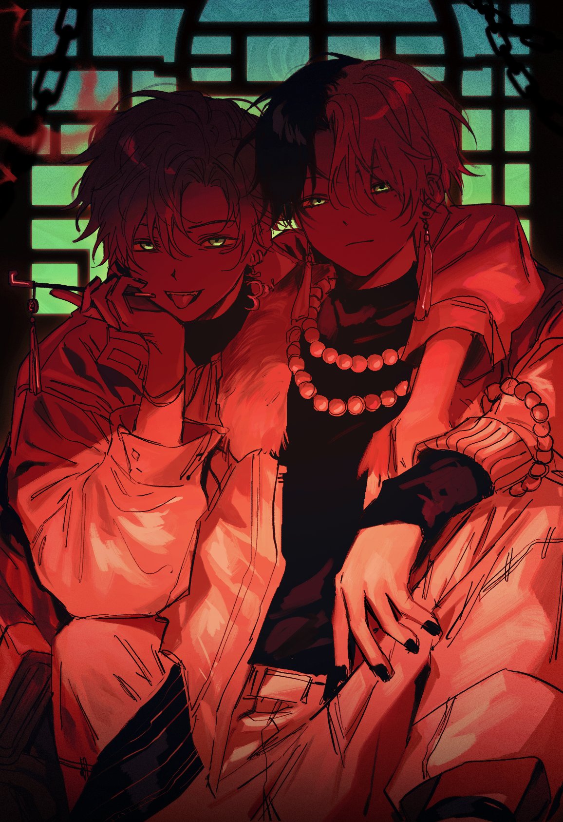 2boys, aoyagi_touya, black_nails, bracelet, ear_piercing, earrings, goguma_wagamja, green_eyes