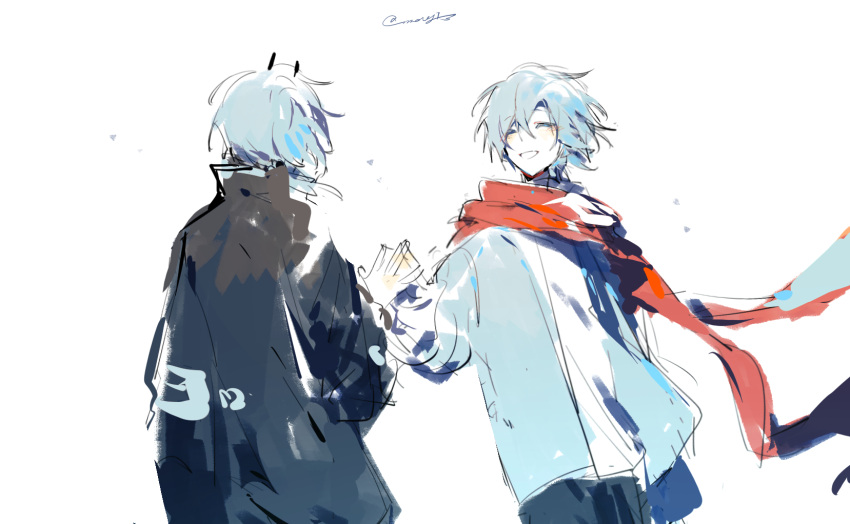 2boys, black_jacket, blue_hair, blue_jacket, closed_eyes, cowboy_shot, dual_persona, highres