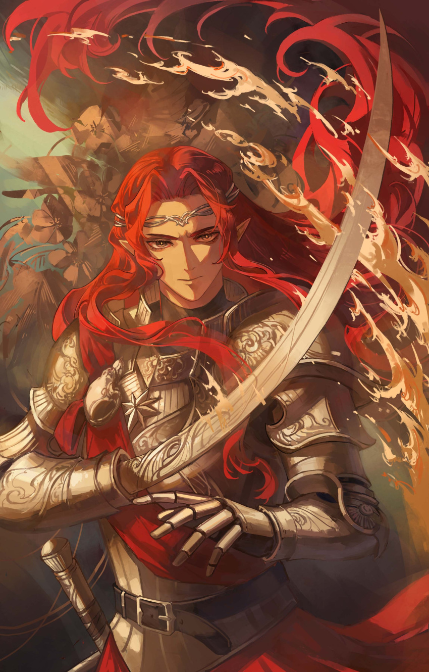 1boy, absurdres, amputee, arm_blade, armor, belt, black_shirt, circlet, cowboy_shot, curtained_hair, elf, fire, floating_hair, flower, gloves, grey_eyes, highres, long_hair, looking_at_viewer, maedhros, male_focus, pointy_ears, red_hair, red_sash, sash, shirt, solo, standing, the_silmarillion, tolkien's_legendarium, very_long_hair, weapon, weimingweiran