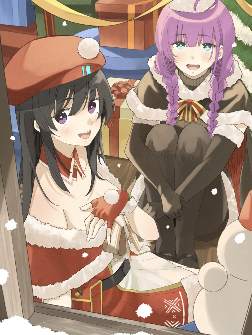 2girls, ahoge, beret, black_hair, black_pantyhose, braid, breasts, christmas, christmas_tree, date_akari, elbow_gloves, fur_trim, gift, gloves, hair_ornament, hat, heaven_burns_red, highres, ikesi4431, long_hair, multiple_girls, nikaidou_misato, official_alternate_costume, pantyhose, purple_hair, santa_costume, santa_hat, sidelocks, skirt, violet_eyes