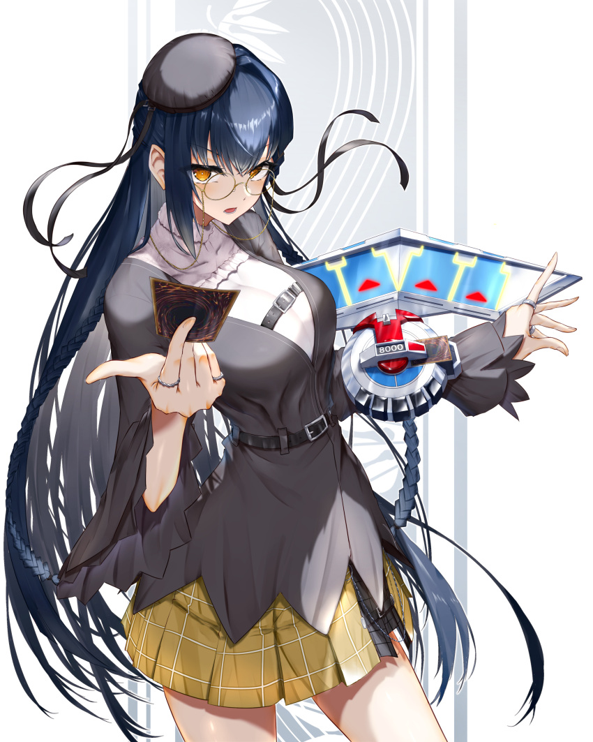 1girl, absurdres, beret, black_hat, black_shirt, blue_eyes, card, chest_belt