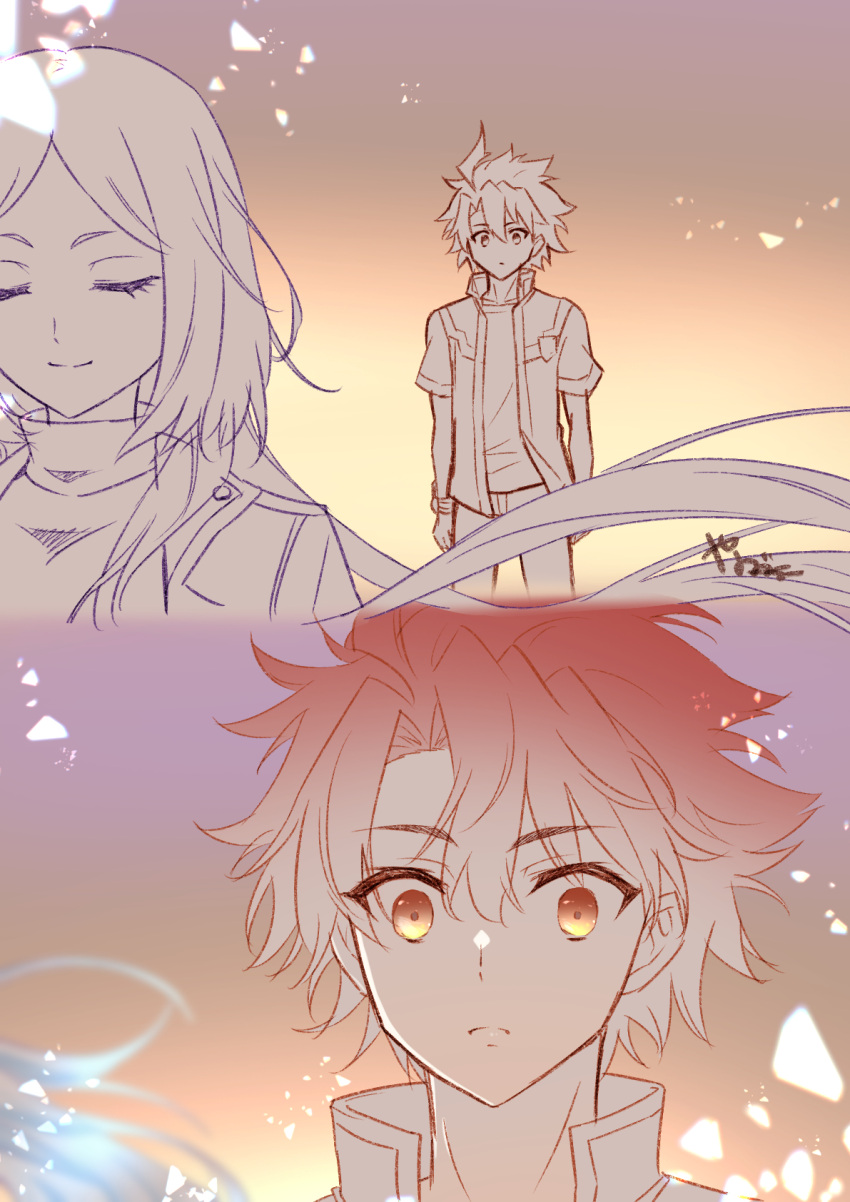 1boy, 1girl, asagaki_toogo, close-up, closed_eyes, cowboy_shot, gradient_background, highres