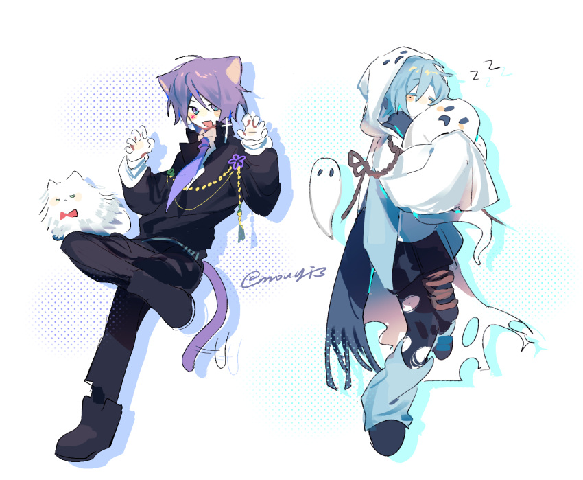 2boys, animal_ears, black_footwear, black_jacket, black_pants, black_pantyhose, black_shorts, blue_hair