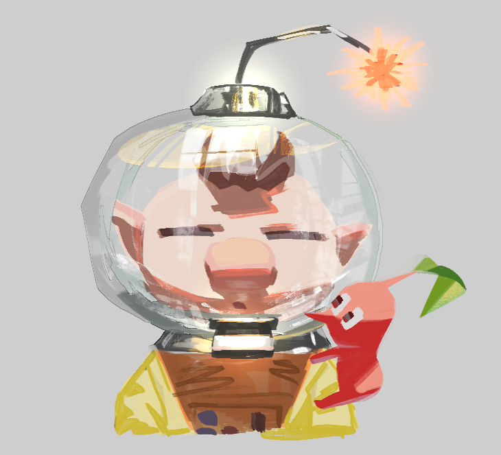 1boy, :o, big_nose, brown_hair, closed_eyes, creature, creature_on_shoulder, dancho_no_mori