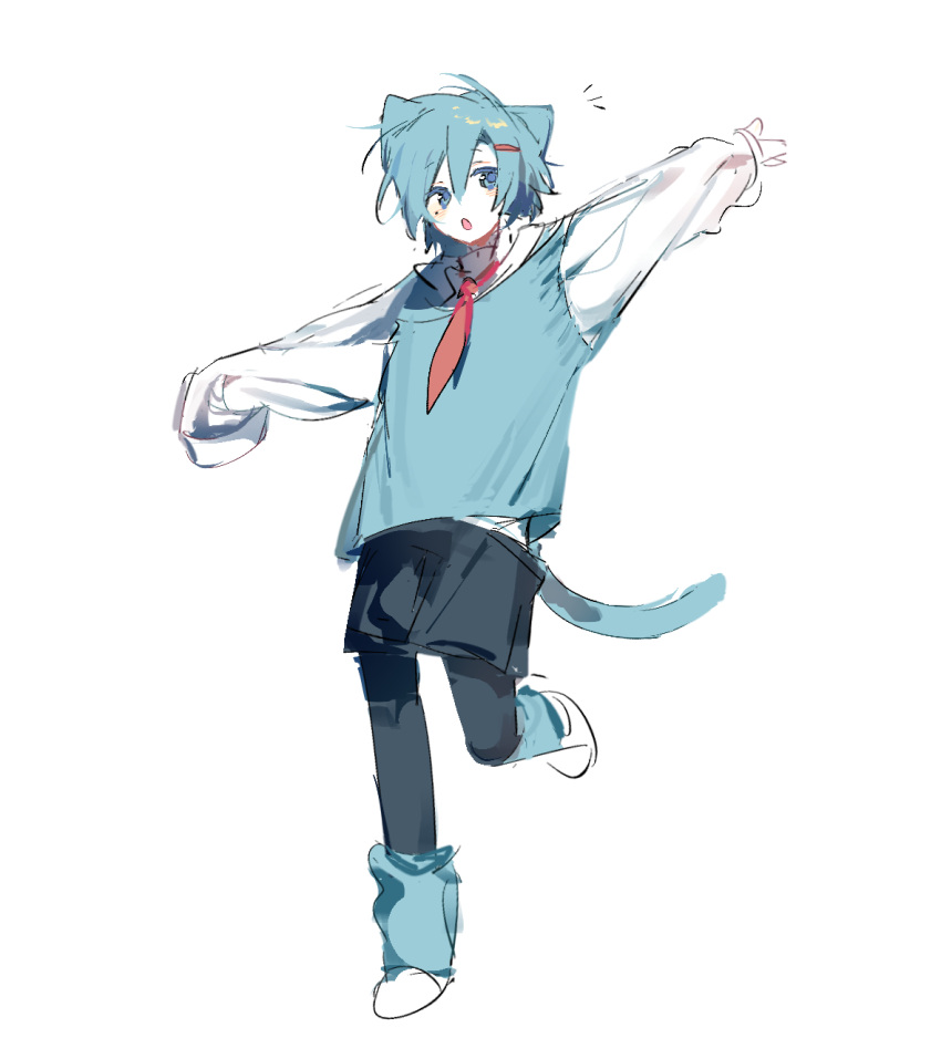 1boy, animal_ears, arm_up, black_pantyhose, black_shorts, blue_footwear, blue_sweater_vest, boots