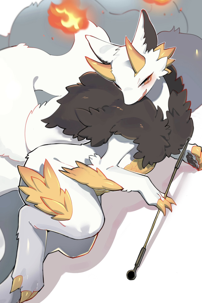 1girl, animal_ears, claws, dragon_girl, dragon_village_(series), dragon_village_collection, fire, firetail_(dragon_village), fluffy, fox_ears, fox_girl, fox_tail, furry, furry_female, highres, holding, horns, hufy, jitome, kitsune, kyuubi, looking_at_viewer, lying, multiple_tails, orange_eyes, personification, simple_background, solo, tail, white_background, white_fur