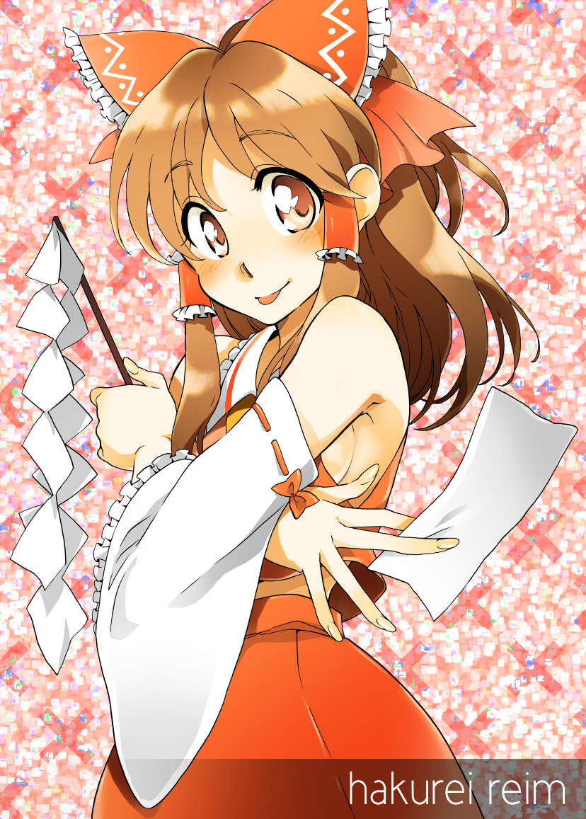 :p, bad_id, bow, breasts, brown_eyes, brown_hair, character_name, detached_sleeves