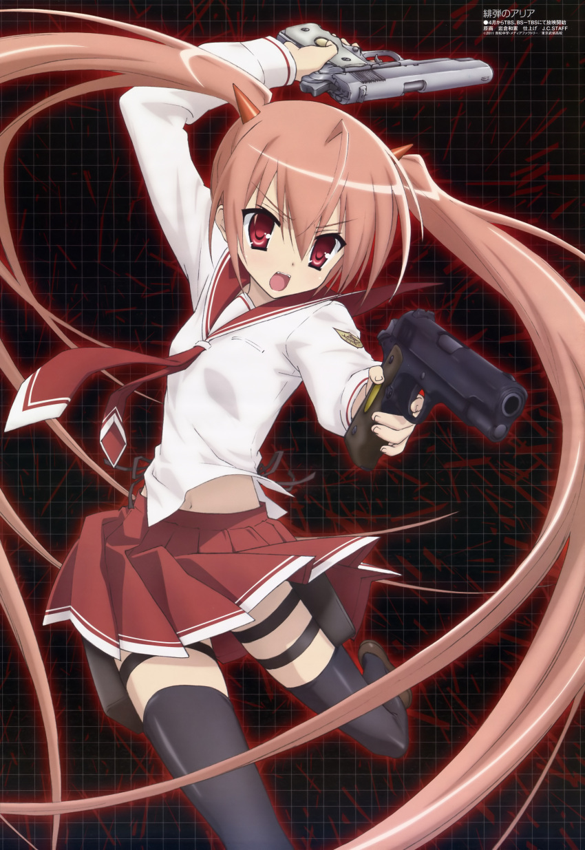 aria_the_scarlet_ammo, black_legwear, black_thighhighs, brown_hair, colt_m1911, dual_wielding, fangs, gun