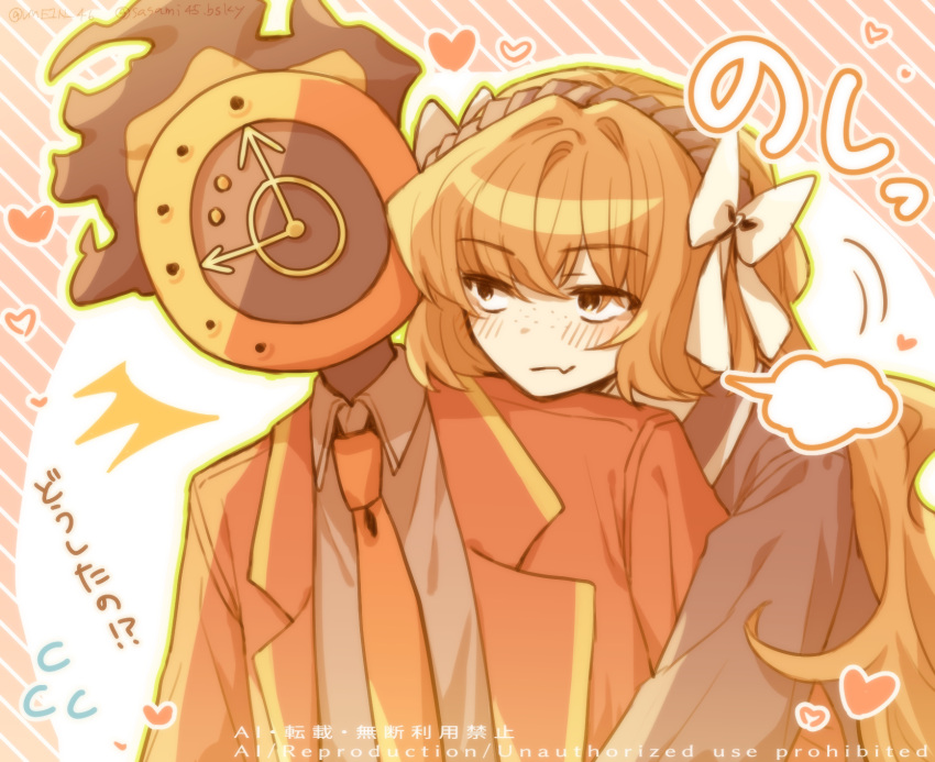 1girl, 1other, black_jacket, blush, bow, clock, closed_mouth, collared_shirt, dante_(limbus_company), fang, flaming_head, freckles, grey_shirt, hair_bow, hairband, head_on_another's_shoulder, heart, highres, hug, ishmael_(project_moon), jacket, lapels, limbus_company, necktie, object_head, orange_hair, other_with_female, project_moon, red_jacket, red_necktie, shirt, skin_fang, suit_jacket, vmein_46