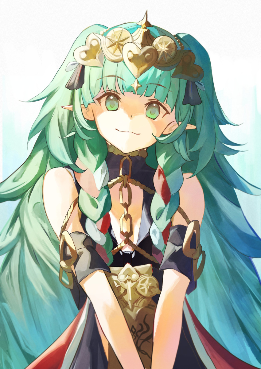 1girl, absurdres, amef, bare_shoulders, black_dress, braid, closed_mouth, clothing_cutout, commentary_request, dress, fire_emblem, fire_emblem:_three_houses, green_eyes, green_hair, head_tilt, highres, jewelry, long_hair, looking_at_viewer, pointy_ears, simple_background, smile, solo, sothis_(fire_emblem), twin_braids, twintails, very_long_hair, white_background