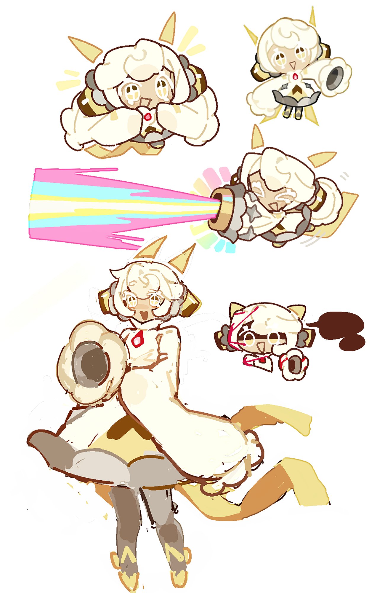 >_<, 1girl, :d, android, arm_cannon, brown_pantyhose, cheese_(chisi64726930), cookie_run
