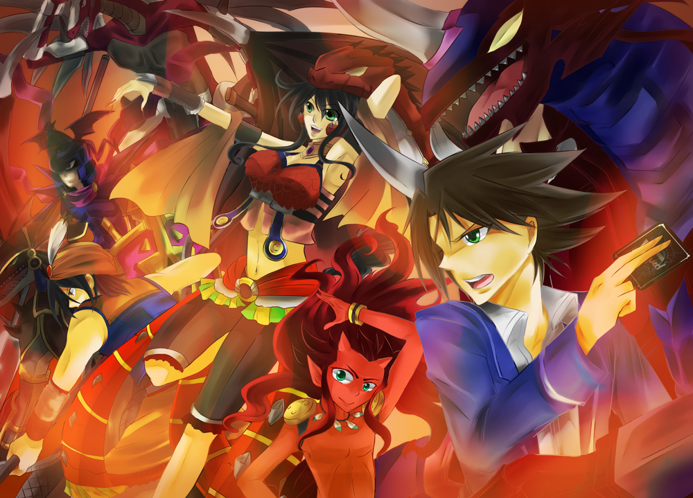 aira_(make_unit!), armor, bad_id, black_hair, bracelets, brown_hair, card, cardfight!!_vanguard, cardfight!!_vanguard_(cards), collar, detached_sleeves, dragon, dragon_dancer_monica, dragon_knight_nehalem, dragonic_overlord, embodiment_of_spear_tahr, fire, flame_of_hope_aermo, green_eyes, headdress, helmet, holding, holding_card, horns, kagero, kai_toshiki, lizard_runner_undeux, midriff, miniskirt, necklace, red_hair, red_skin, tank_top, yellow_eyes