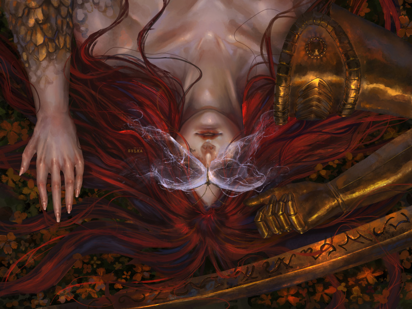 1girl, absurdres, artist_name, bug, butterfly, butterfly_on_face, commentary, covered_eyes